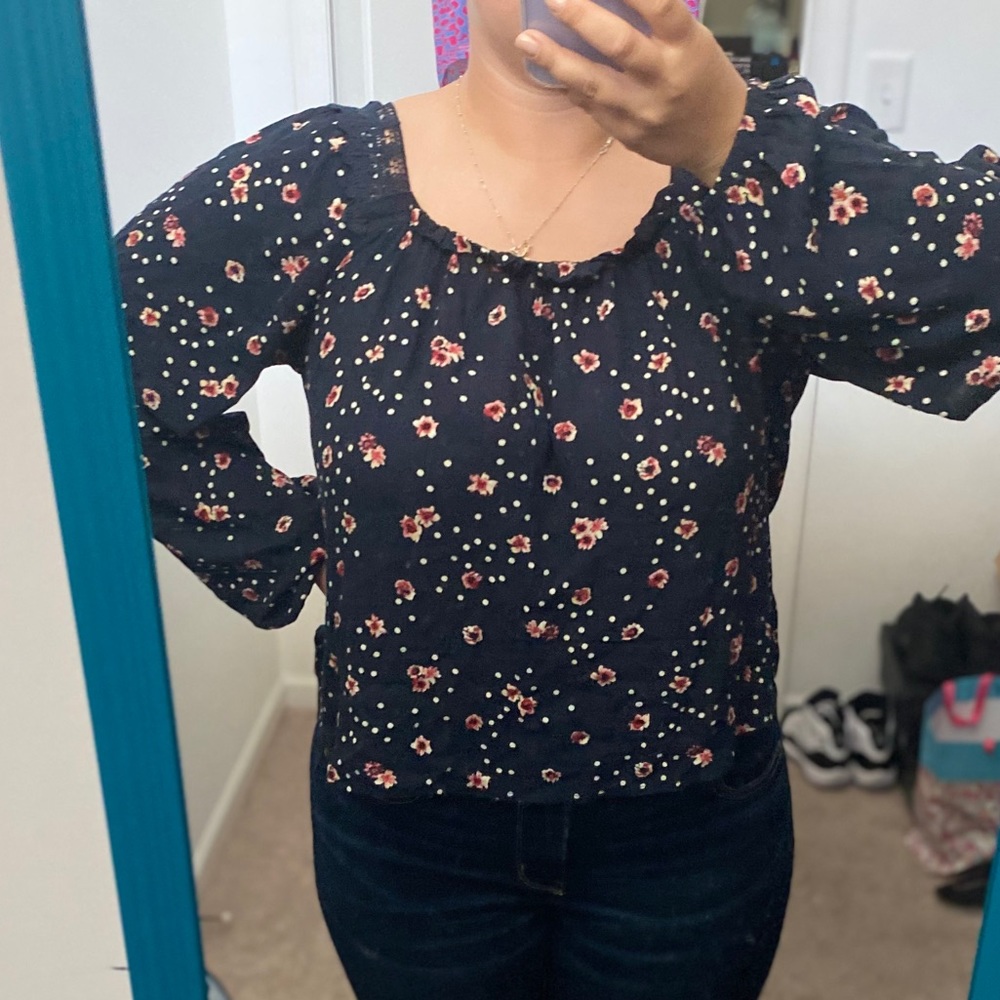 Blue long-sleeve floral blouse